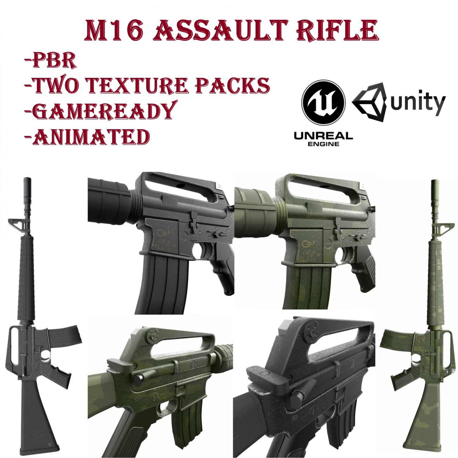 M-16 Assault rifle 2 texture pack 3D Model .c4d .max .obj .3ds .fbx .stl .blend