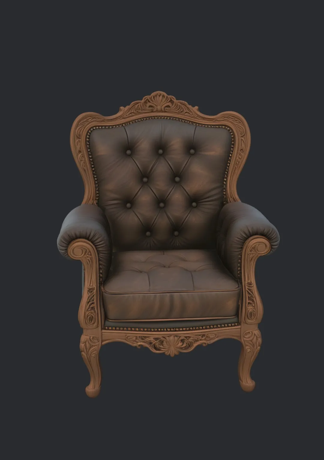 Antique Chesterfield Armchair with Carved Wood Trim 3D Model .c4d .max .obj .3ds .fbx .stl .blend