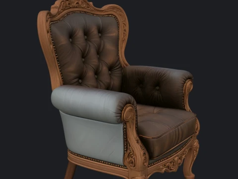Antique Chesterfield Armchair with Carved Wood Trim 3D Model