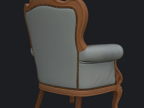 Antique Chesterfield Armchair with Carved Wood Trim 3D Model