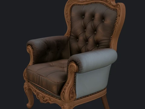 Antique Chesterfield Armchair with Carved Wood Trim 3D Model
