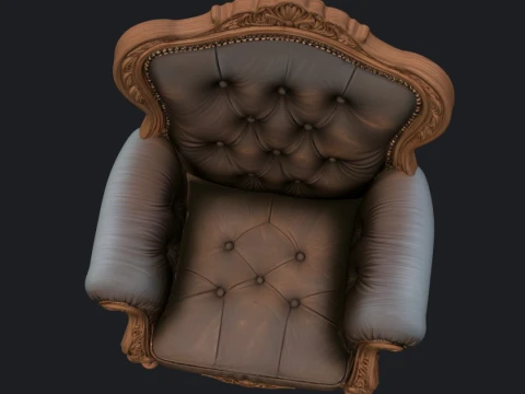 Antique Chesterfield Armchair with Carved Wood Trim 3D Model
