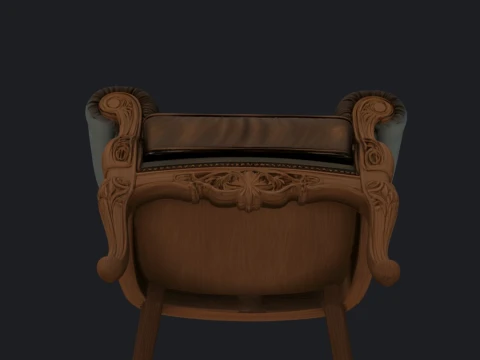 Antique Chesterfield Armchair with Carved Wood Trim 3D Model