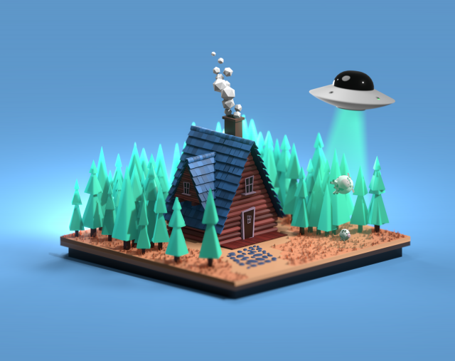 House with cows and UFO 3D मॉडल .c4d .max .obj .3ds .fbx .stl .blend 