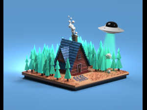 House with cows and UFO 3D Model
