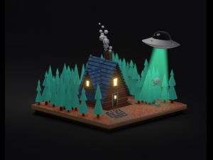 House with cows and UFO 3D मॉडल