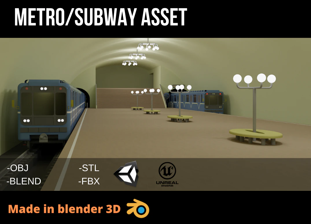 Metro station and train 3D Model .c4d .max .obj .3ds .fbx .stl .blend