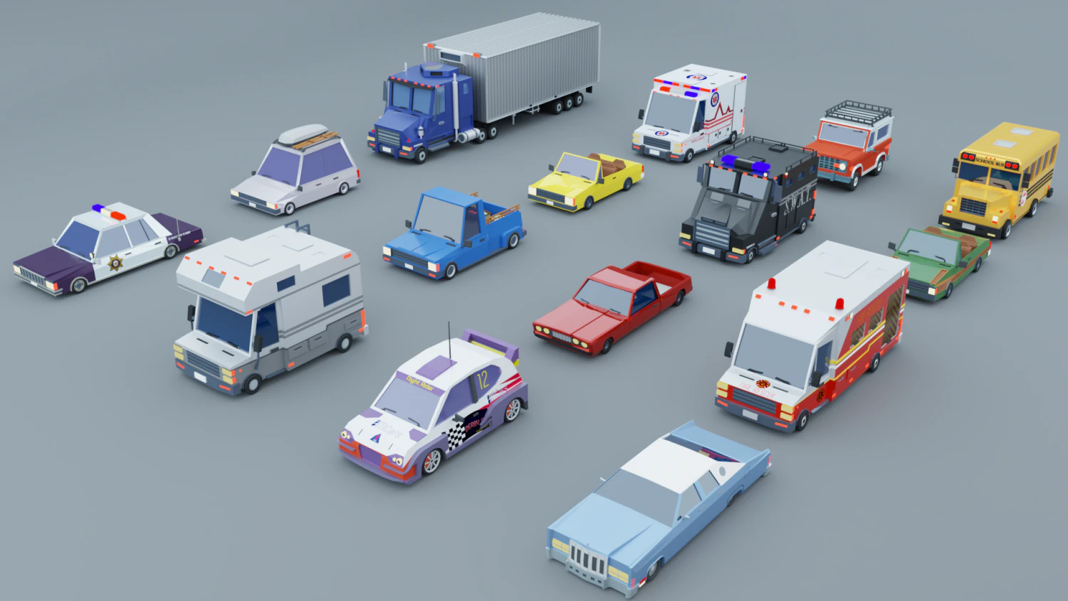 Cartoon Low Poly Cars Pack Low-poly 3D Model .c4d .max .obj .3ds .fbx .stl .blend