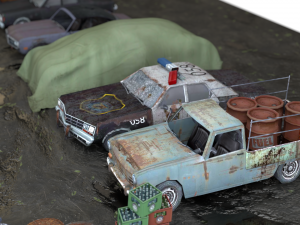 Old Rusty cars in an abandoned parking lot pack Low-poly Model 3D