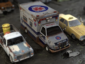 Old Rusty cars in an abandoned parking lot pack Low-poly Model 3D
