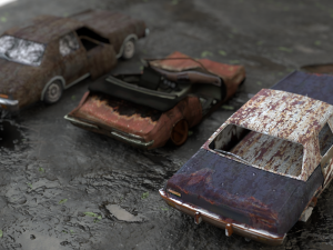 Old Rusty cars in an abandoned parking lot pack Low-poly Model 3D