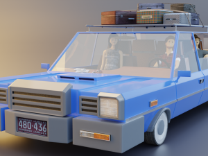 Low Poly cartoon car with 3 rigged characters 3D Models
