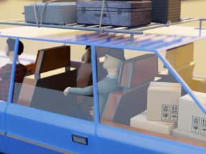 Low Poly cartoon car with 3 rigged characters 3D Model