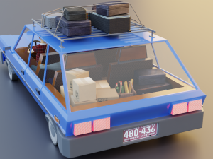 Low Poly cartoon car with 3 rigged characters 3D Model