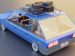 Low Poly cartoon car with 3 rigged characters 3D Model