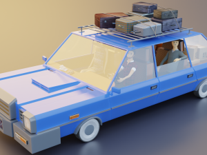 Low Poly cartoon car with 3 rigged characters 3D Model