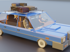 Low Poly cartoon car with 3 rigged characters 3D Model