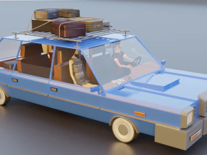 Low Poly cartoon car with 3 rigged characters 3D Model