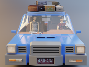 Low Poly cartoon car with 3 rigged characters 3D Model