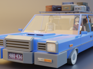 Low Poly cartoon car with 3 rigged characters 3D Model