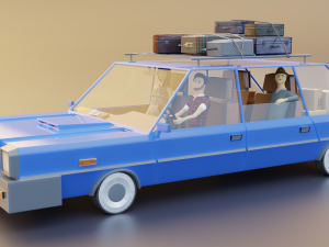 Low Poly cartoon car with 3 rigged characters 3D Model