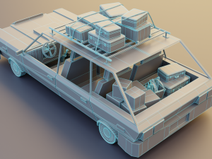 Low Poly cartoon car with 3 rigged characters 3D Model