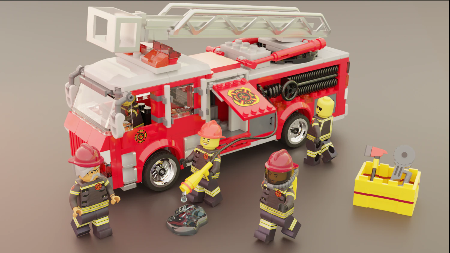 Lego Firetruck with Firefighter Squad 3D Model .c4d .max .obj .3ds .fbx .stl .blend 