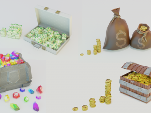 Game set of treasures low poly hand painted game ready 3D Model