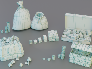 Game set of treasures low poly hand painted game ready Model 3D