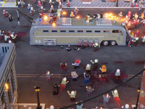 Apocalipse zumbi na cidade com tripula&ccedil;&atilde;o de ca&ccedil;adores de zumbis no &ocirc;nibus do Ju&iacute;zo Final Modelo 3D