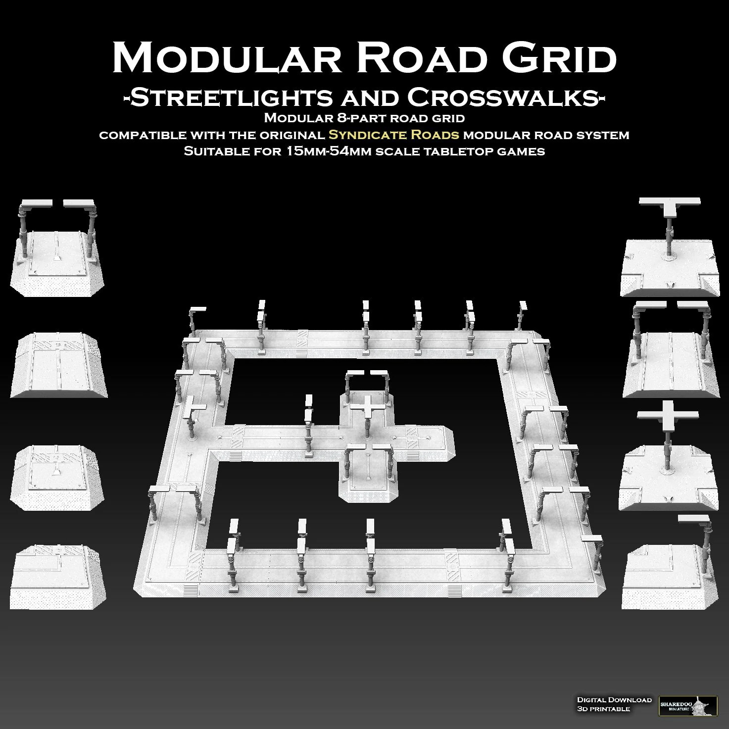 Modular Road Grid Streetlights And Crosswalks 3D Print Model .c4d .max .obj .3ds .fbx .stl .blend 