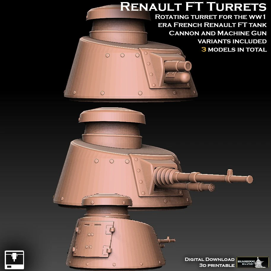 Renault FT Tank Turrets 3D Print Model .c4d .max .obj .3ds .fbx .stl .blend