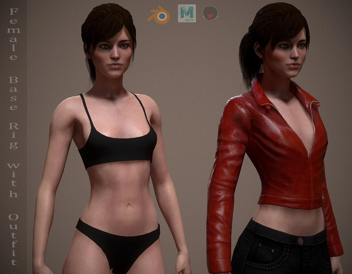 Female Base Rig with Outfit 3D Model .c4d .max .obj .3ds .fbx .stl .blend 