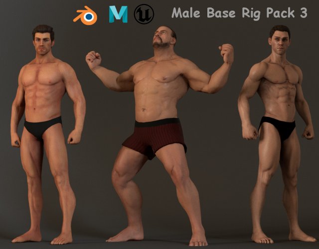 Male Base Three Rig Pack 3D 모델 .c4d .max .obj .3ds .fbx .stl .blend 