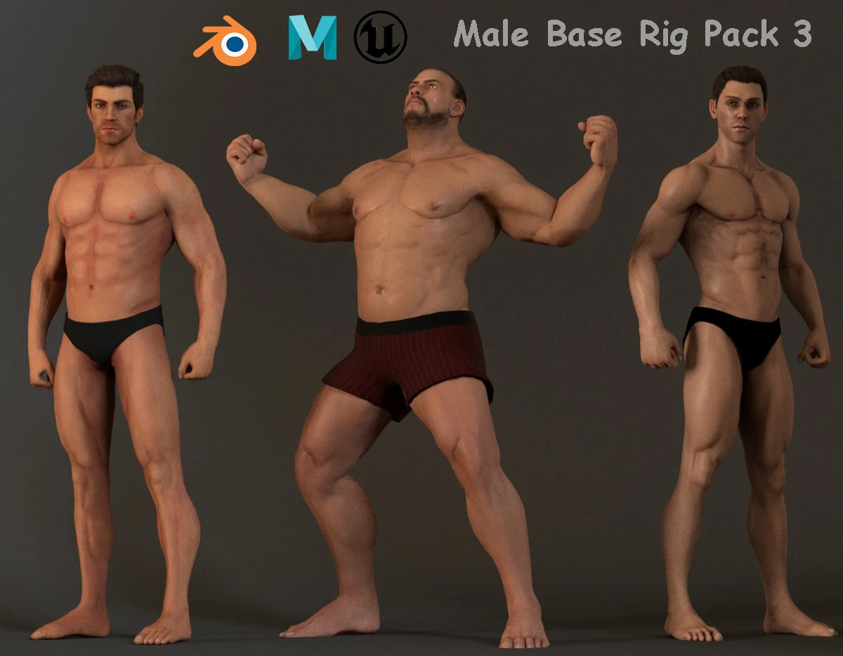 Male Base Three Rig Pack 3D Model .c4d .max .obj .3ds .fbx .stl .blend 
