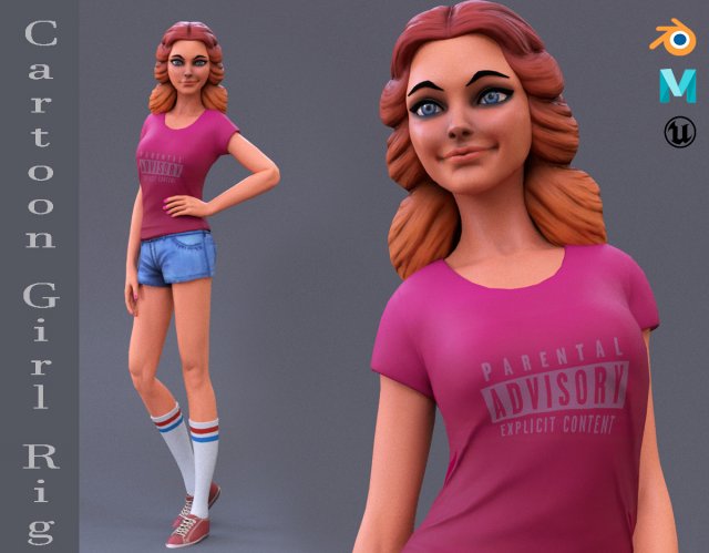 Cartoon Girl Rig 3D Model .c4d .max .obj .3ds .fbx .stl .blend 