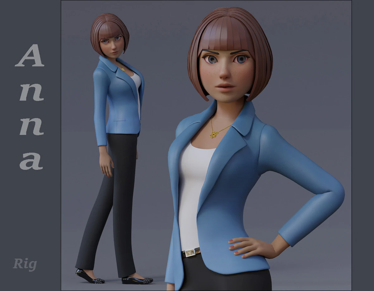 Anna Cartoon Girl Rig 3D Model .c4d .max .obj .3ds .fbx .stl .blend