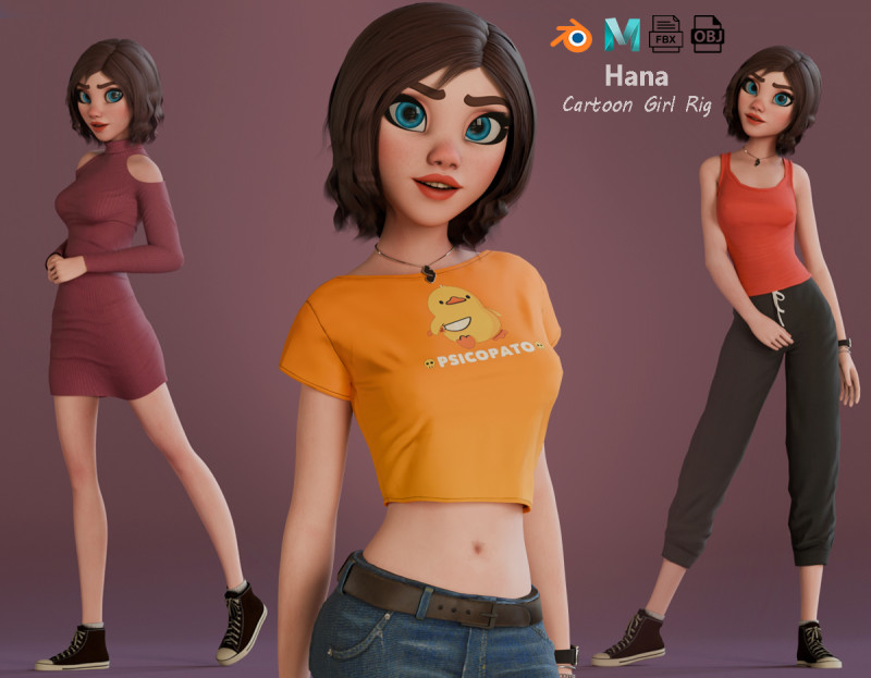Hana Cartoon Girl Rig 3D Модель .c4d .max .obj .3ds .fbx .stl .blend 