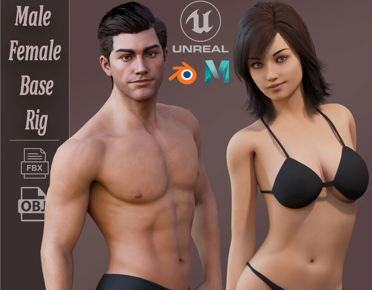 Male Female Base Rig 3D Model .c4d .max .obj .3ds .fbx .stl .blend