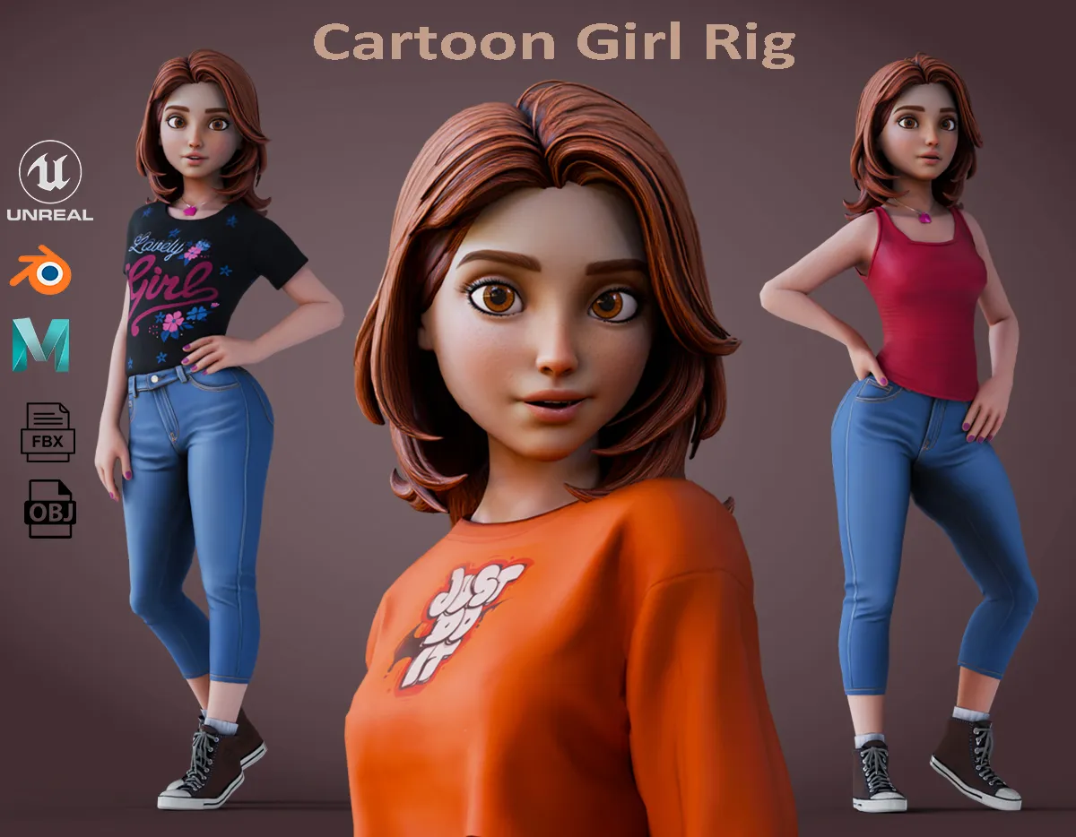 Cartoon Girl Rig 3D Model .c4d .max .obj .3ds .fbx .stl .blend