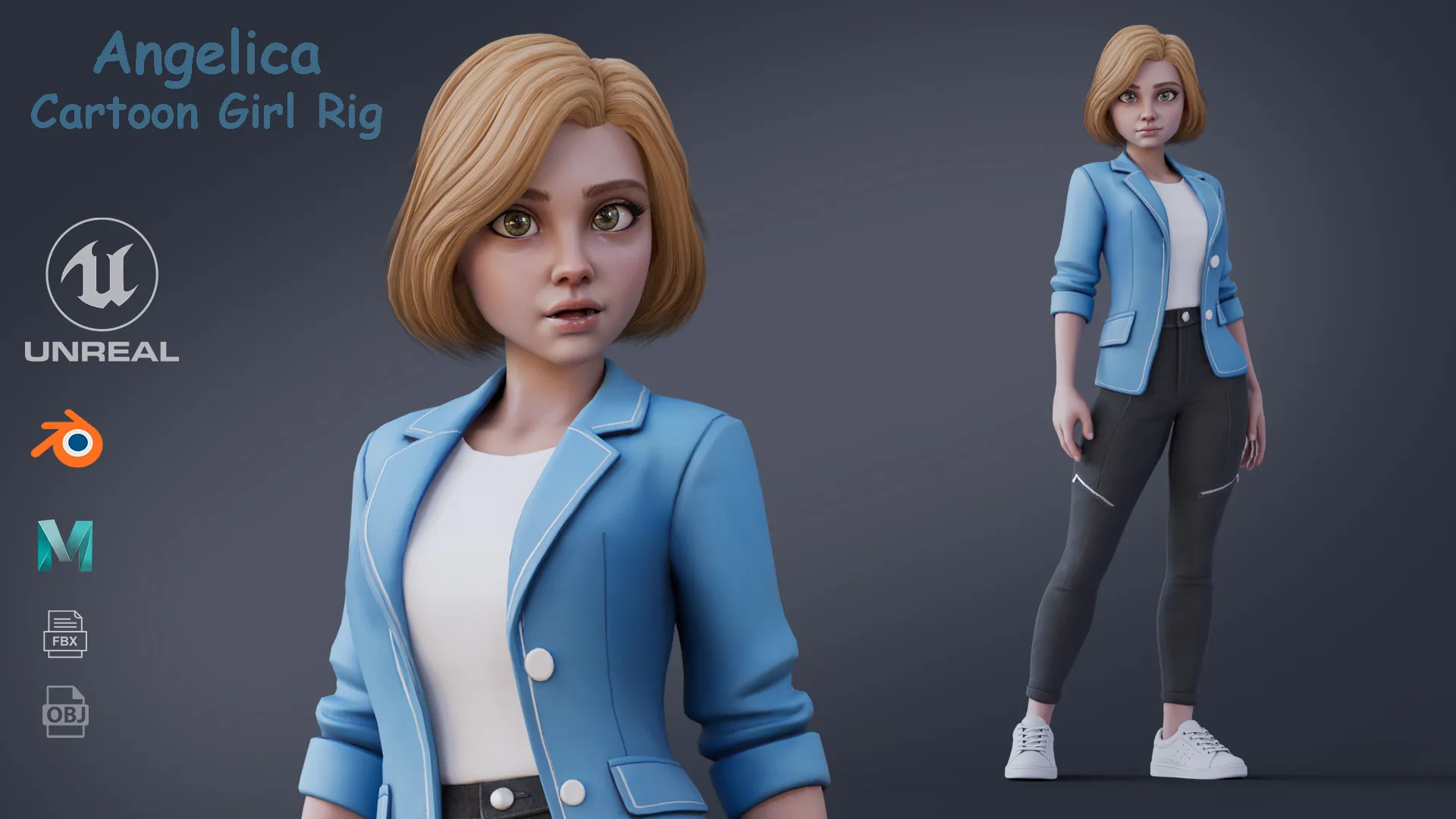 Angelica Cartoon Girl 3D Model .c4d .max .obj .3ds .fbx .stl .blend 