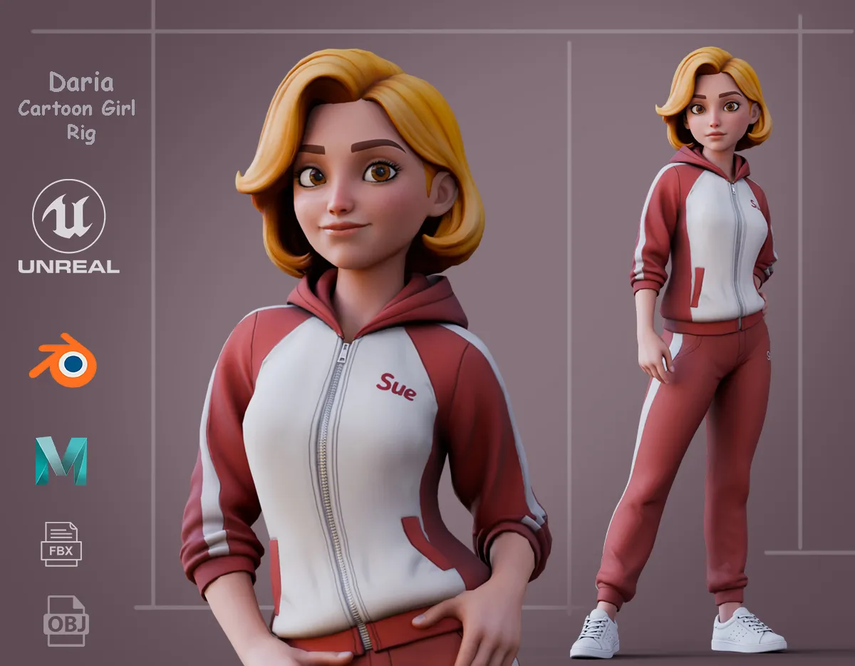 Daria Cartoon Girl 3D Model .c4d .max .obj .3ds .fbx .stl .blend 