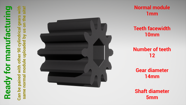 Cylindrical gear - paired - z12 m1 D14 d5 Model Cetak 3D .c4d .max .obj .3ds .fbx .stl .blend 