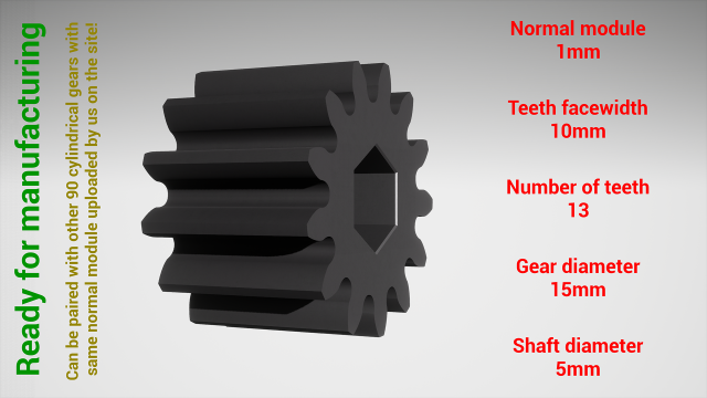 Cylindrical gear - paired - z13 m1 D15 d5 Modèles 3D en vedette .c4d .max .obj .3ds .fbx .stl .blend 