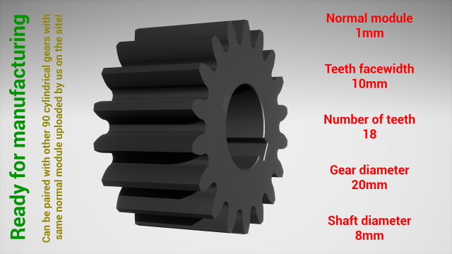 Cylindrical gear - paired - z18 m1 D20 d8 3Dプリントモデル .c4d .max .obj .3ds .fbx .stl .blend 