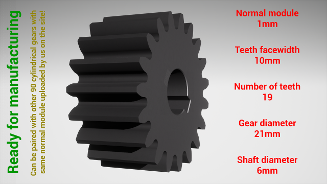 Cylindrical gear - paired - z19 m1 D21 d6 3D-printmodel .c4d .max .obj .3ds .fbx .stl .blend 