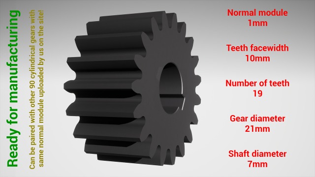 Cylindrical gear - paired - z19 m1 D21 d7 3D-printmodel .c4d .max .obj .3ds .fbx .stl .blend 