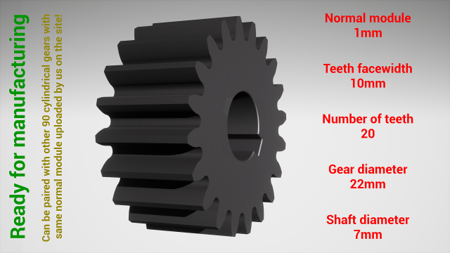 Cylindrical gear - paired - z20 m1 D22 d7 3Dプリントモデル .c4d .max .obj .3ds .fbx .stl .blend