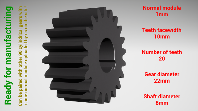 Cylindrical gear - paired - z20 m1 D22 d8 3D Print Model .c4d .max .obj .3ds .fbx .stl .blend 