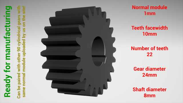 Cylindrical gear - paired - z22 m1 D24 d8 3Dプリントモデル .c4d .max .obj .3ds .fbx .stl .blend 